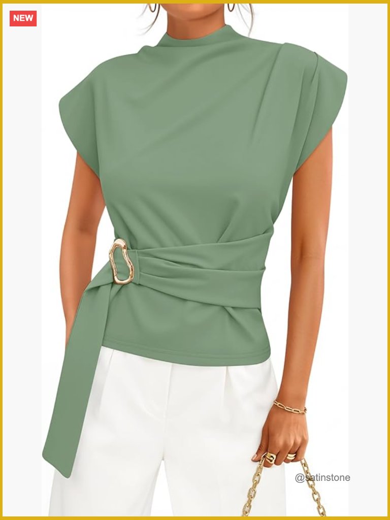 Mock Neck Cap Sleeve Blouse With Belt Business Casual Work Top